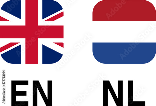 Soft Square Flag Selection Button Badge Icon Set with UK United Kingdom and Netherlands Flags with Language Codes EN and NL for English and Dutch. Vector Image.