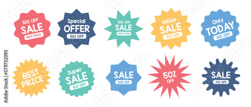 Set of vector red starburst, sunburst badges. Simple flat style vintage labels, stickers with sale discount text. Sale quality tags and labels. Template banner shopping badges.