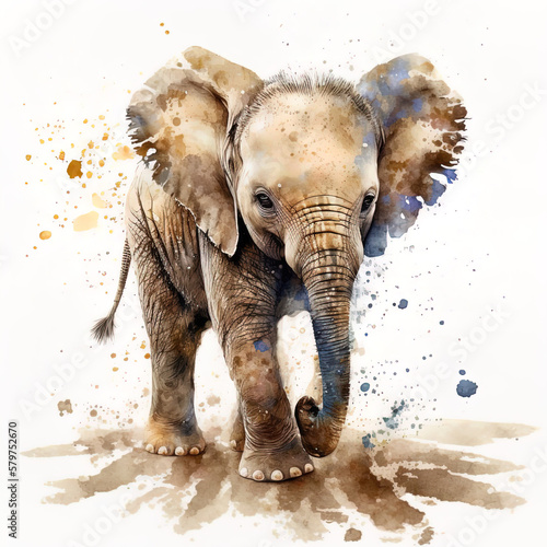 Baby elephant  adorable young elephant   colors splashes  isolated on white   watercolor-style   generative illustration. Generative AI.
