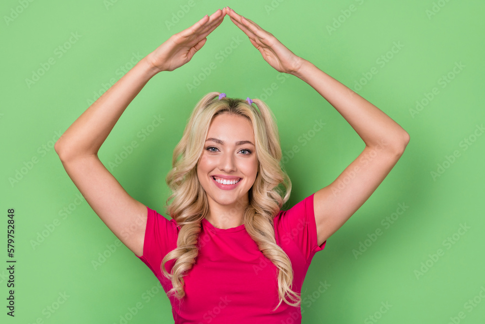 Photo of cute cheerful woman wear pink top smiling showing arms roof isolated green color background Photo of cute cheerful woman wear pink top smiling showing arms roof isolated green color background