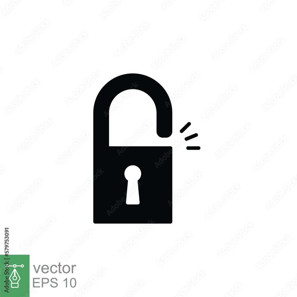 Unlocked lock icon. Simple solid style. Padlock with keyhole, open key, security concept. Black silhouette, glyph vector illustration design on white background. EPS 10.
