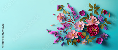 Beautiful colorful flowers flat lay on light blue background. Ai generated © Areerat