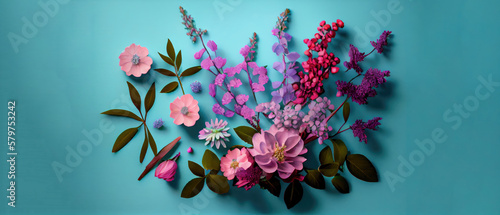 Beautiful colorful flowers flat lay on light blue background. Ai generated