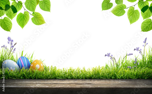 A blank template of three painted easter eggs celebrating a Happy Easter with a wooden bench to place products on with green grass and transparent background