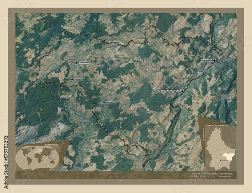 Canton Greivemaacher, Luxembourg. High-res satellite. Labelled points of cities photo