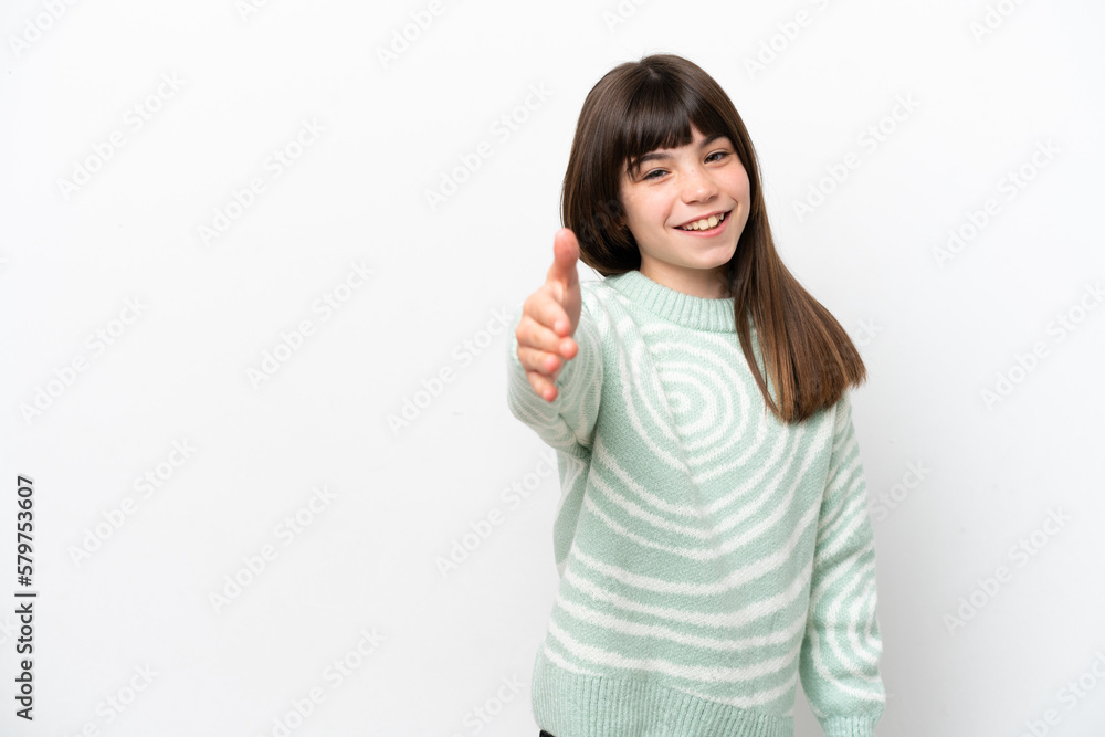 Little caucasian girl isolated on white background shaking hands for closing a good deal Little caucasian girl isolated on white background shaking hands for closing a good deal