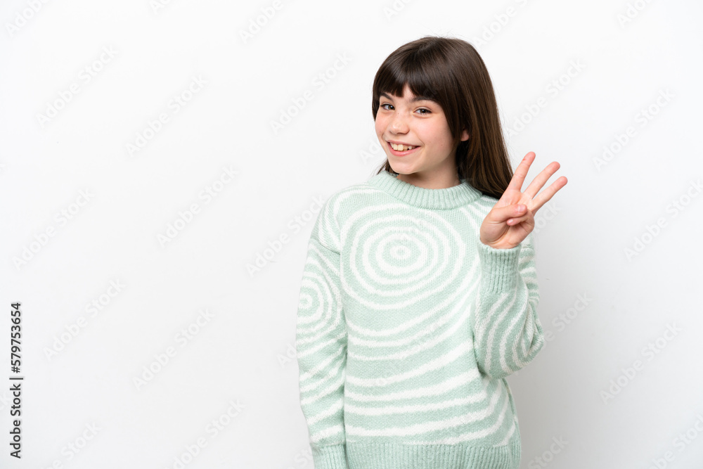 Little caucasian girl isolated on white background happy and counting three with fingers Little caucasian girl isolated on white background happy and counting three with fingers