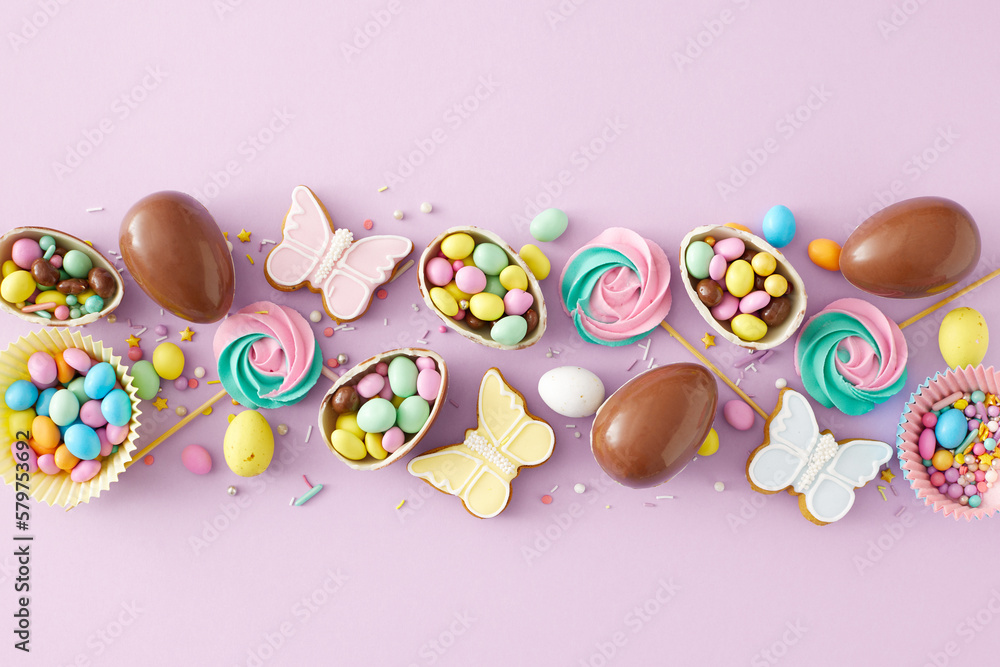 Easter concept. Flat lay photo of chocolate eggs paper baking molds with dragees meringue lollipops sprinkles and butterfly gingerbread on pastel violet background. Holiday decor idea