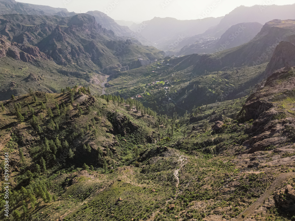Horizontal Aerial View of Beautiful Valley near Presa de las Niñas dam in Gran Canaria, Spain