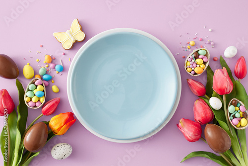 Easter celebration idea. Top view photo of empty circle plate chocolate eggs with сolorful candies butterfly cookie and tulips flowers on pastel lilac background
