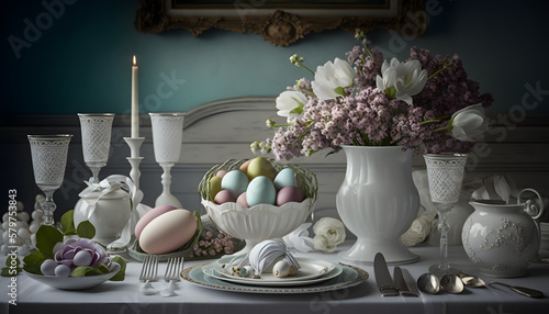 Easter decorated table, luxurious exclusive, beautiful white China tableware, flowers in white vases, pastel Easter eggs, white Linon table cloth, award winning photo  photo