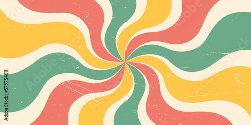 Groovy 70s, 60s background with twisted sunburst. Vector