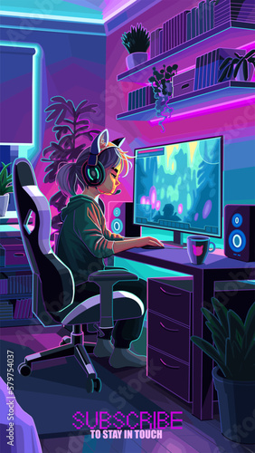 Girl asian girl gamer or streamer with a headset sits in front of a computer in a cozy room