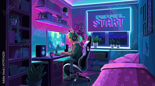 Girl asian girl gamer or streamer with a headset sits in front of a computer in a cozy room