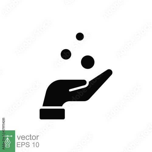 Money on hand, obtain glyph icon concept. Simple solid style hand and coins for web template and app. Black silhouette symbol. Vector illustration isolated on white background. EPS 10.
