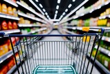 A shopper's perspective down a brightly lit grocery store aisle, with a shopping cart, fresh produce and packaged goods on display, generative ai