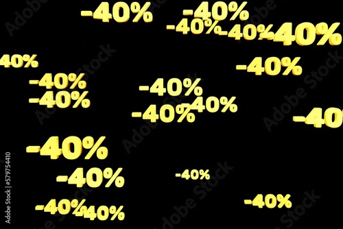 Yellow minus forty percent symbols fall down isolated on black background 3d render. Concept of discounts, sales, seasonal promotions, black friday, singles day and shopping 1111