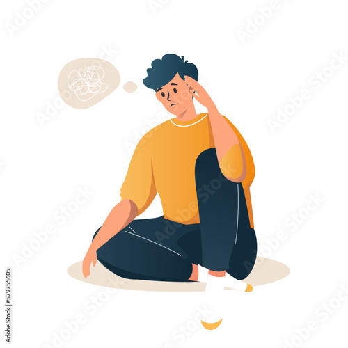Sad man sits on the floor with tangled thoughts. Confused boy thinking. Depressed guy adolescent has memory problems, headache. Unhappy male touching body with painful expression. Vector illustration