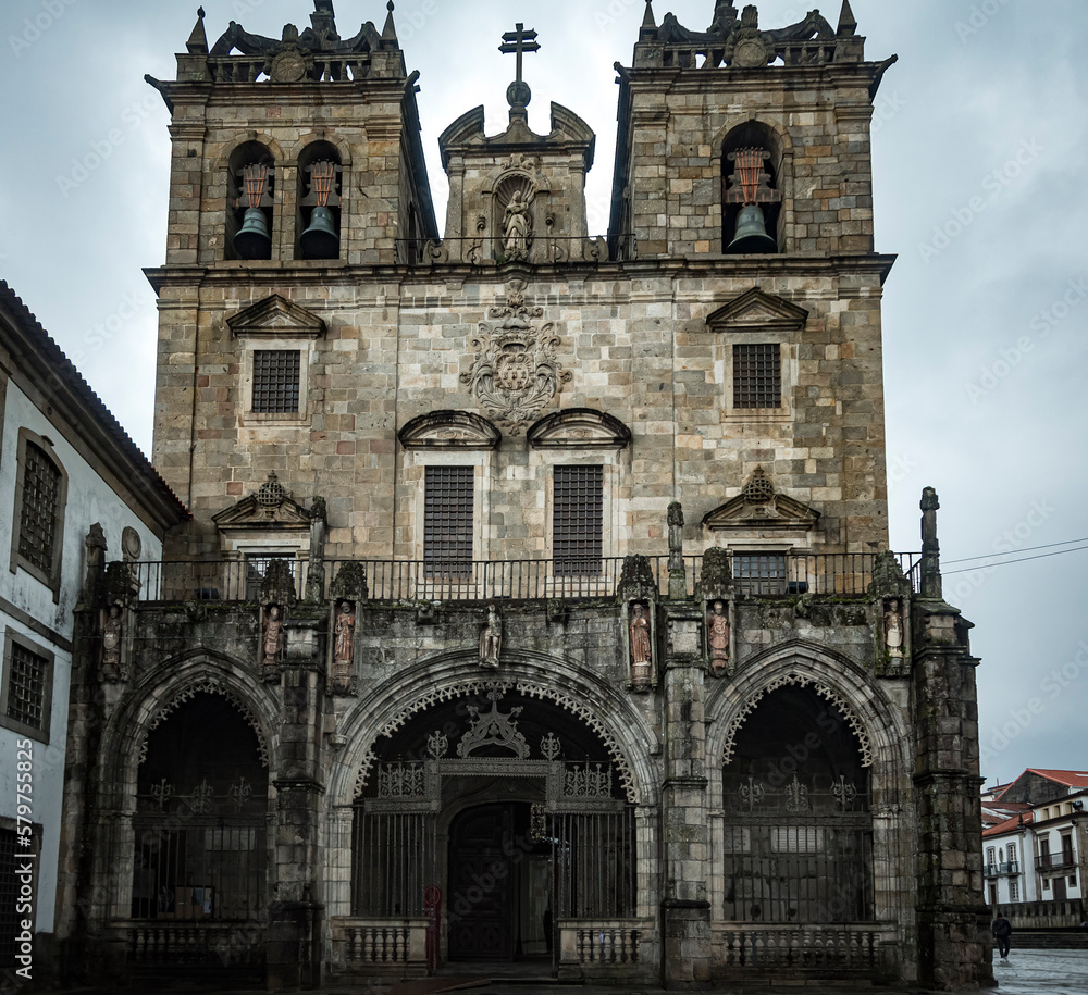 Braga Cathedral facade on a rainy day. Braga, Portugal