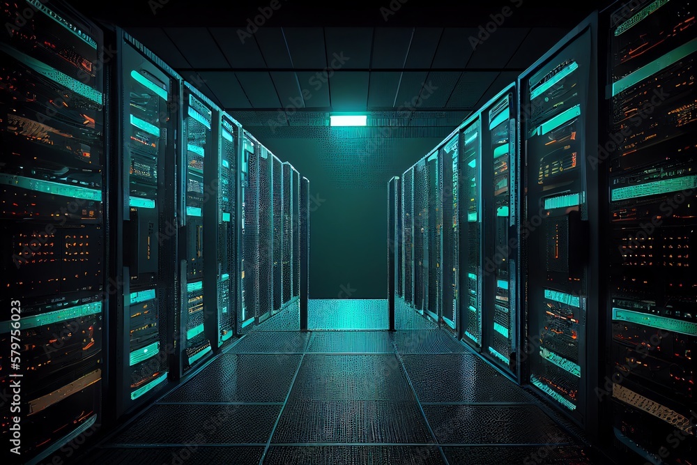 Data Center Space With Multiple Rows Of Server Racks, Digital Supercomputer Technology. Modern High Tech Networking Communications Database, Cabinets Filled With System Storage. Generative AI Data Center Space With Multiple Rows Of Server Racks, Digital Supercomputer Technology. Modern High Tech Networking Communications Database, Cabinets Filled With System Storage. Generative AI