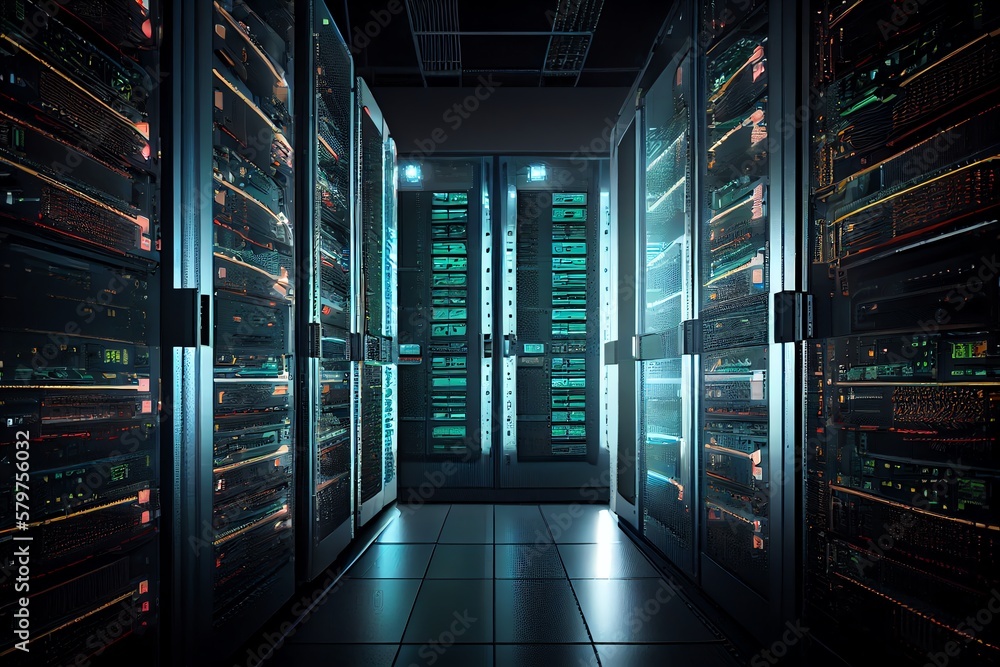 Data Center Space With Multiple Rows Of Server Racks, Digital ...