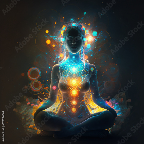 Woman meditating with a glowing aura surounding her. Chakras glowing in body - AI Generated Illustation Concept photo
