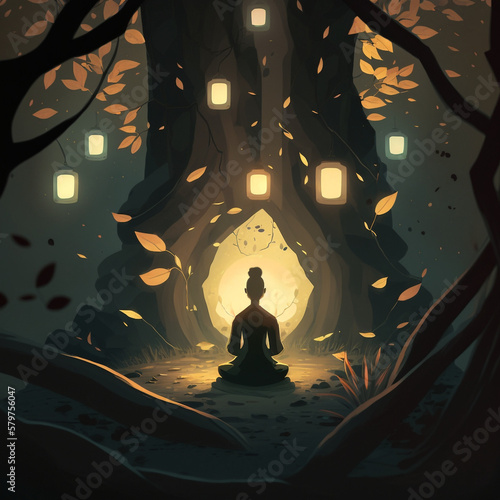 Illustration of someone meditating in front of a tree with an opening to inner wisdom, surrounded by floating lanterns - AI Generated Art Work