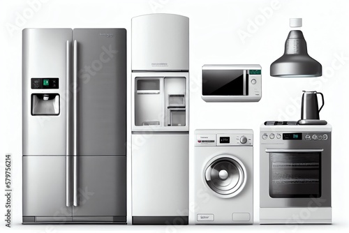 Home Appliances. Household Kitchen Technics Isolated On White Background. Fridge, Dishwasher, Gas Cooker, Microwave Oven, Washing Machine Vacuum Cleaner Air Conditioneer And Iron. Generative AI photo