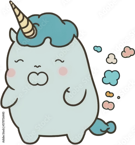Cute fat unicorn farting clouds. Funny vector cartoon illustration