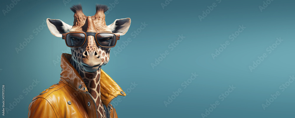 Obraz premium Portrait of a Cool Giraffe in a Leather Jacket and Sunglasses with Space for Copy (Generative AI)