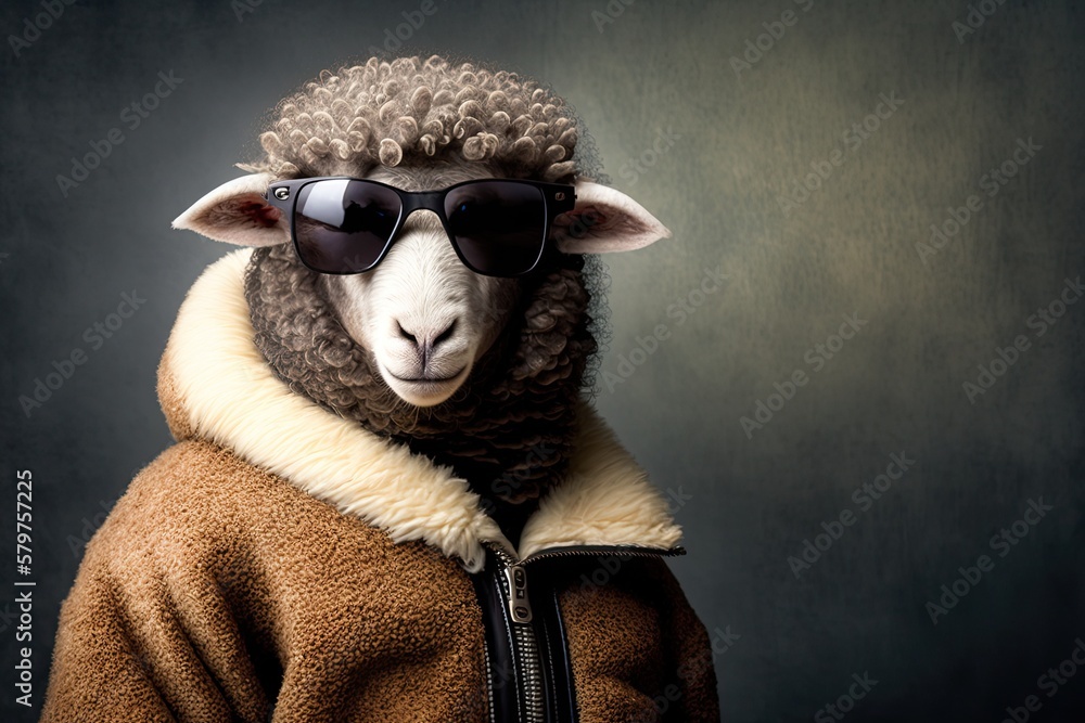 Portrait of a Cool Sheep in a Leather Jacket and Sunglasses with Space for Copy (Generative AI) Portrait of a Cool Sheep in a Leather Jacket and Sunglasses with Space for Copy (Generative AI)
