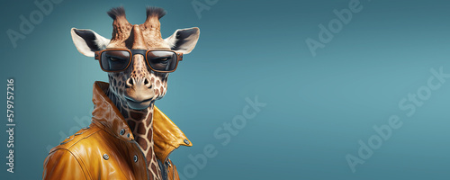 Portrait of a Cool Giraffe in a Leather Jacket and Sunglasses with Space for Copy (Generative AI)