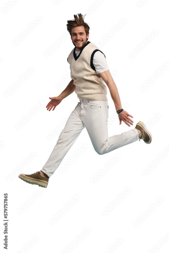 Full length portrait of an excited young man in white t-shirt jumping while celebrating success isolated over transparent background Full length portrait of an excited young man in white t-shirt jumping while celebrating success isolated over transparent background