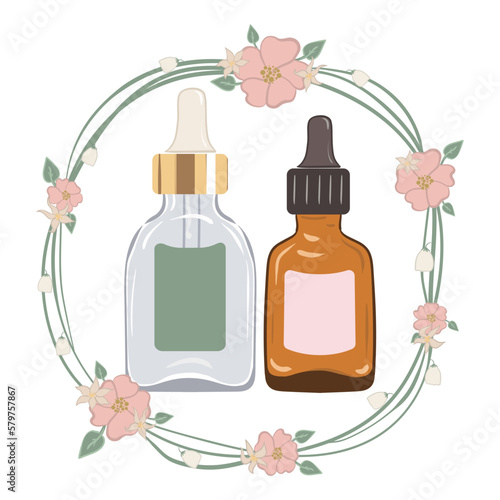 Serums with dropper in green and transparent glass bottles. Vector illustration in floral wreath