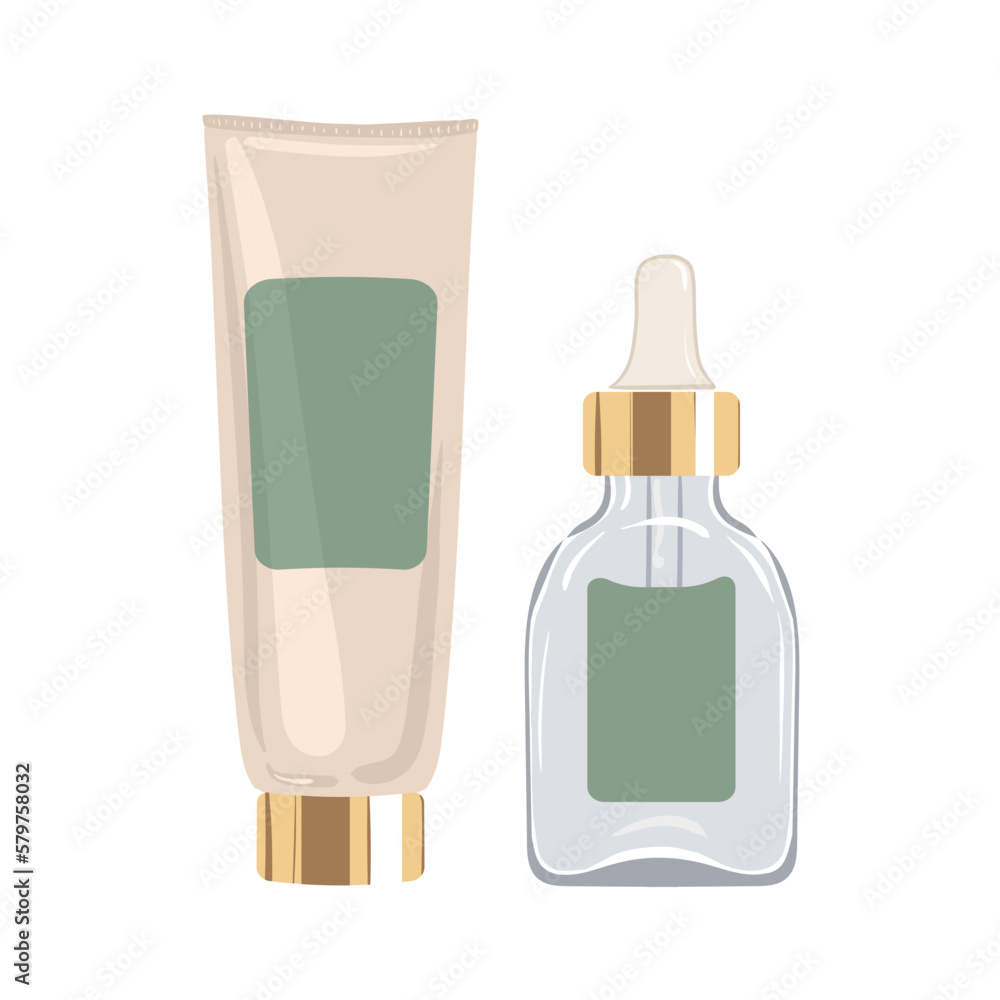 Moisturizing cream and serum with dropper in transparent glass bottle. Vector illustration Moisturizing cream and serum with dropper in transparent glass bottle. Vector illustration