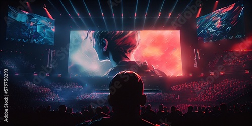 Man in E-sports arena watching esports. Huge E-sports arena, filled with cheering fans and colorful LED lights. A man from the back looks at the screen where esports is broadcast. Generative AI