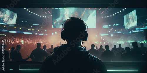 Man in E-sports arena watching esports. Huge E-sports arena, filled with cheering fans and colorful LED lights. A man from the back looks at the screen where esports is broadcast. Generative AI