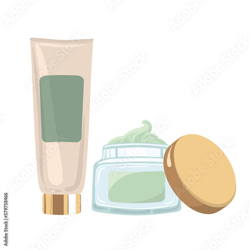 Moisturizing cream in luxury tube and Nourishing green face cream in transparent glass jar. Vector illustration
