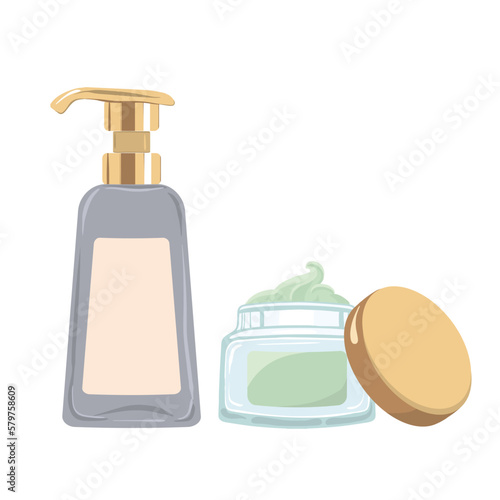 Cosmetic lotion with dispenser and Nourishing green face cream in transparent glass jar. Vector illustration