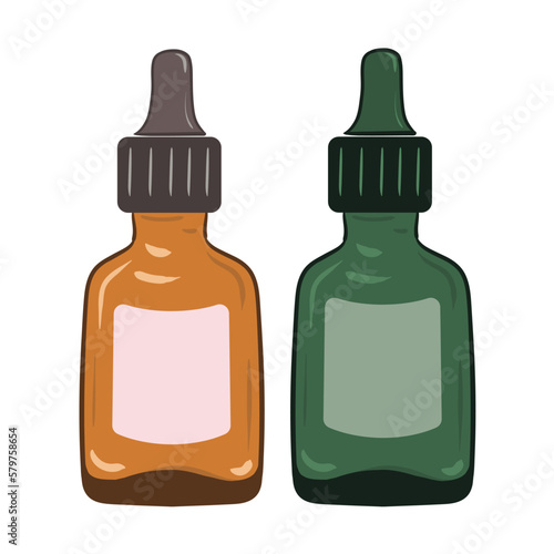 Serums with dropper in brown and green glass bottles. Vector illustration