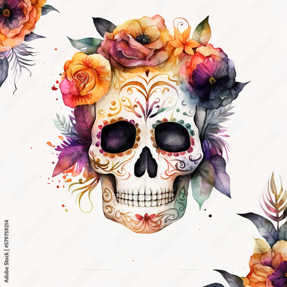 Illustration of skull with flowers, watercolor. generate by ai Illustration of skull with flowers, watercolor. generate by ai