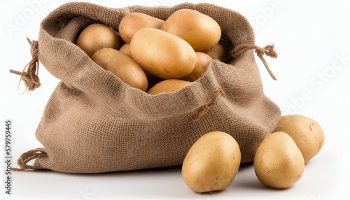 Ripe potatoes in a burlap bag with white background. Generative AI.