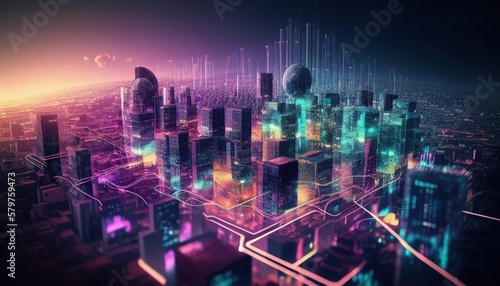 smart city at night, application development concept, smart city, Internet of things, smart life, information technology, metaverse connection technology. Generative AI 