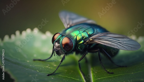 Flies on green leaves, cute little animals, winged creatures, animals that live on trees and plants, Generative AI