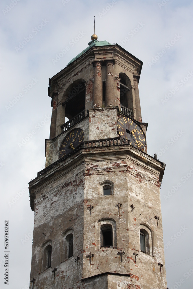 clock tower in Vybord before restoration