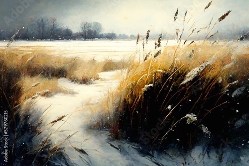 A winter landscape with a meadow is a beautiful scenery. Generative AI