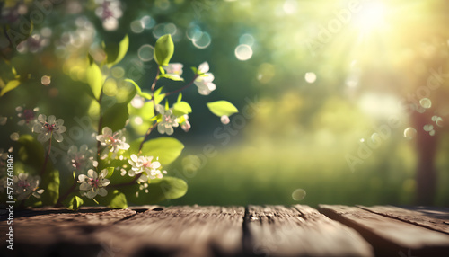 Wooden podium mockup, Green blooms Garden With Defocused Bokeh Lights And Flare Effect at Spring Time © MAJGraphics
