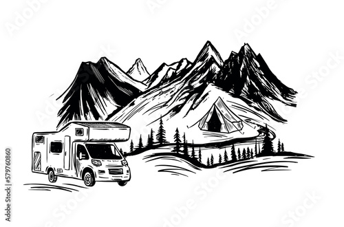 Motor home, Mountain landscape, Camping in nature, hand drawn style vector illustrations.