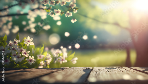 Blossoms On Wooden Table In Green Garden With Defocused Bokeh Lights And Flare Effect at Spring Time