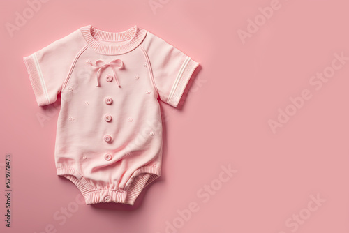 Pink baby romper on pink background. Copy space. Ai generative